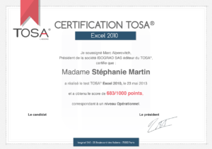 apres avoir passe votre formation, vous avez la possibilite de passer la certification TOSA. Un test vous permettant d'evaluer votre niveau et de valoriser votre CV. ExcelForma est un centre agree pour le passage du TOSA