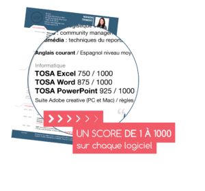 Valider vos compétences en passant la certification TOSA. Mettez en avant votre CV, boostez-le! Votre score parlera pour vous et sera un atout majeur pour vous.